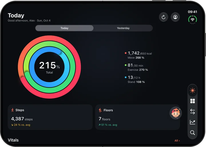 HealthLumio on the unfolded iPhone Duo: Today in landscape, rings on the left and legend on the right