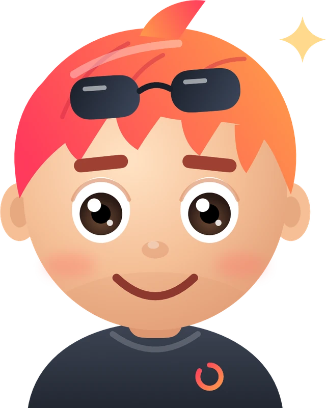 Lumi, the HealthLumio companion: orange-red hair, sunglasses on the head, hoodie with ring logo
