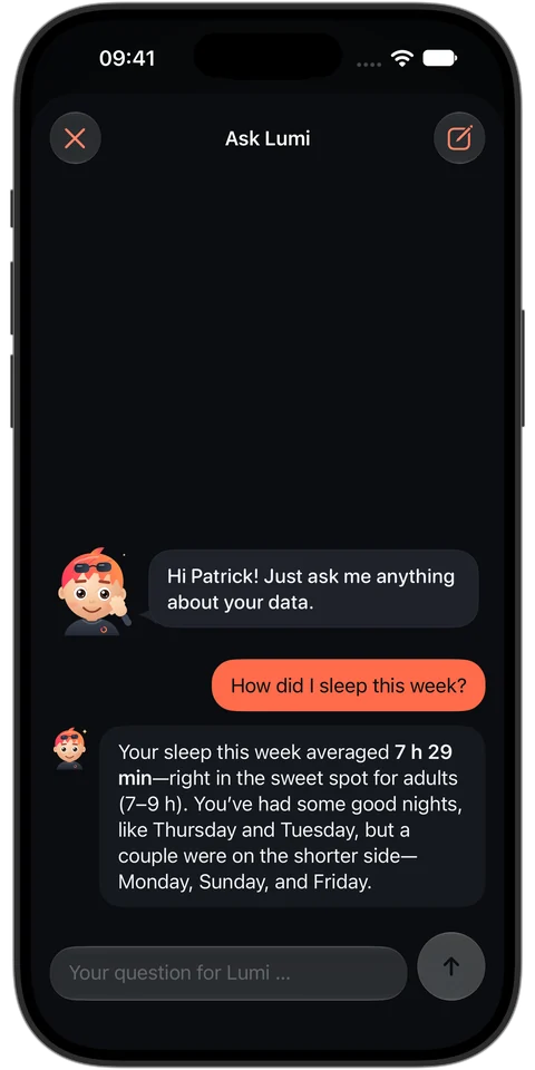 Ask Lumi: asked “How did I sleep this week?”, Lumi answers with the average of 7 h 29 min, within the recommended 7 to 9 hours for adults