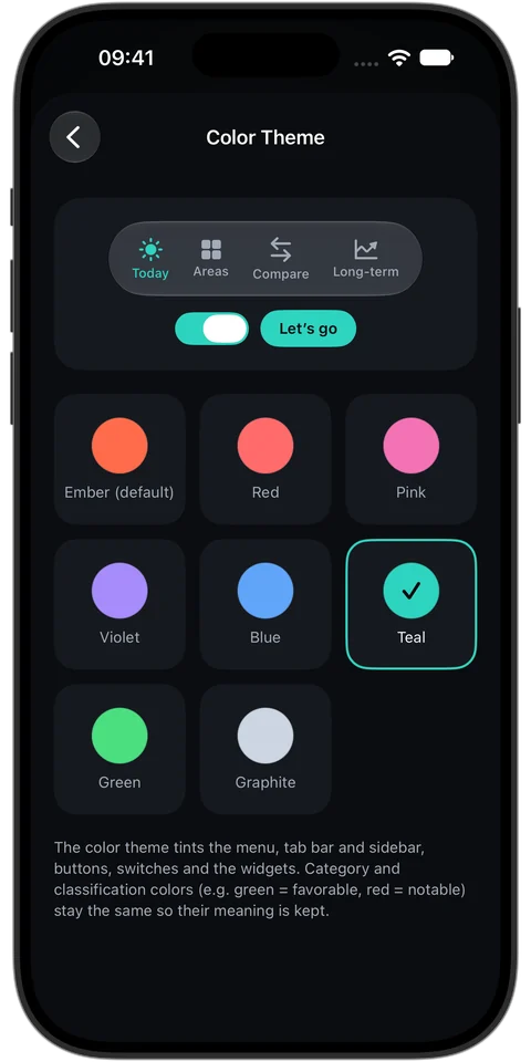 Color theme: choose Ember, Red, Pink, Violet, Blue, Teal, Green or Graphite with a preview of the tab bar