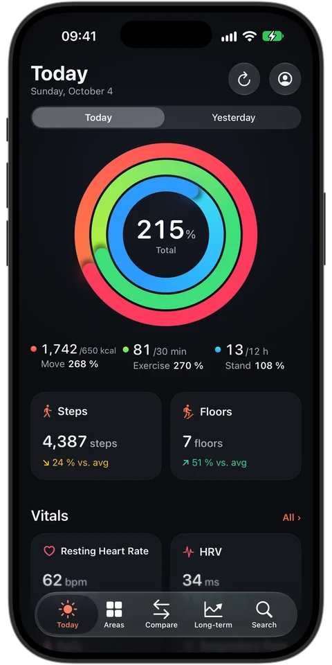 HealthLumio: Today view with Move, Exercise and Stand rings, steps, floors and vitals
