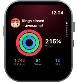 Apple Watch: Today with Lumi, rings at 215 percent and the values for Move, Exercise and Stand