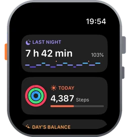 Apple Watch: Day at a Glance in the Smart Stack – last night with 7 hours 42 minutes in the morning, rings and steps during the day