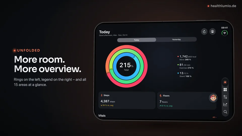 Still from the video: “More room. More overview.” next to the Today view on the unfolded iPhone Duo